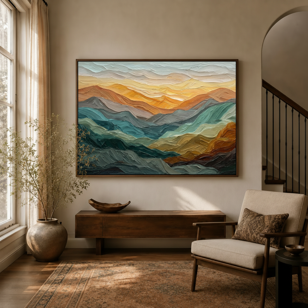 Mountain sunset impasto canvas wall art in float frame above console in warm neutral entryway