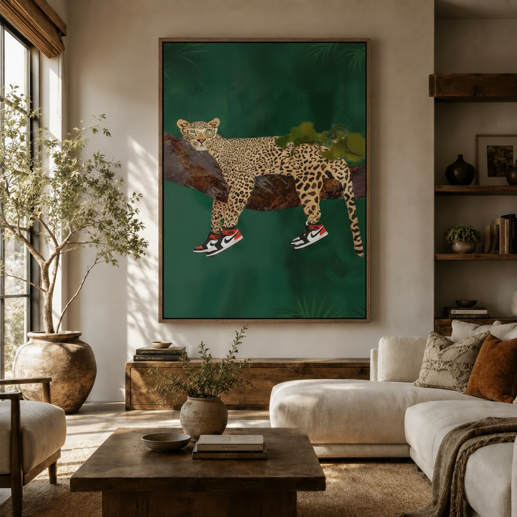 Leopard in Air Jordan 1 sneakers canvas print hanging in warm Japandi living room above console