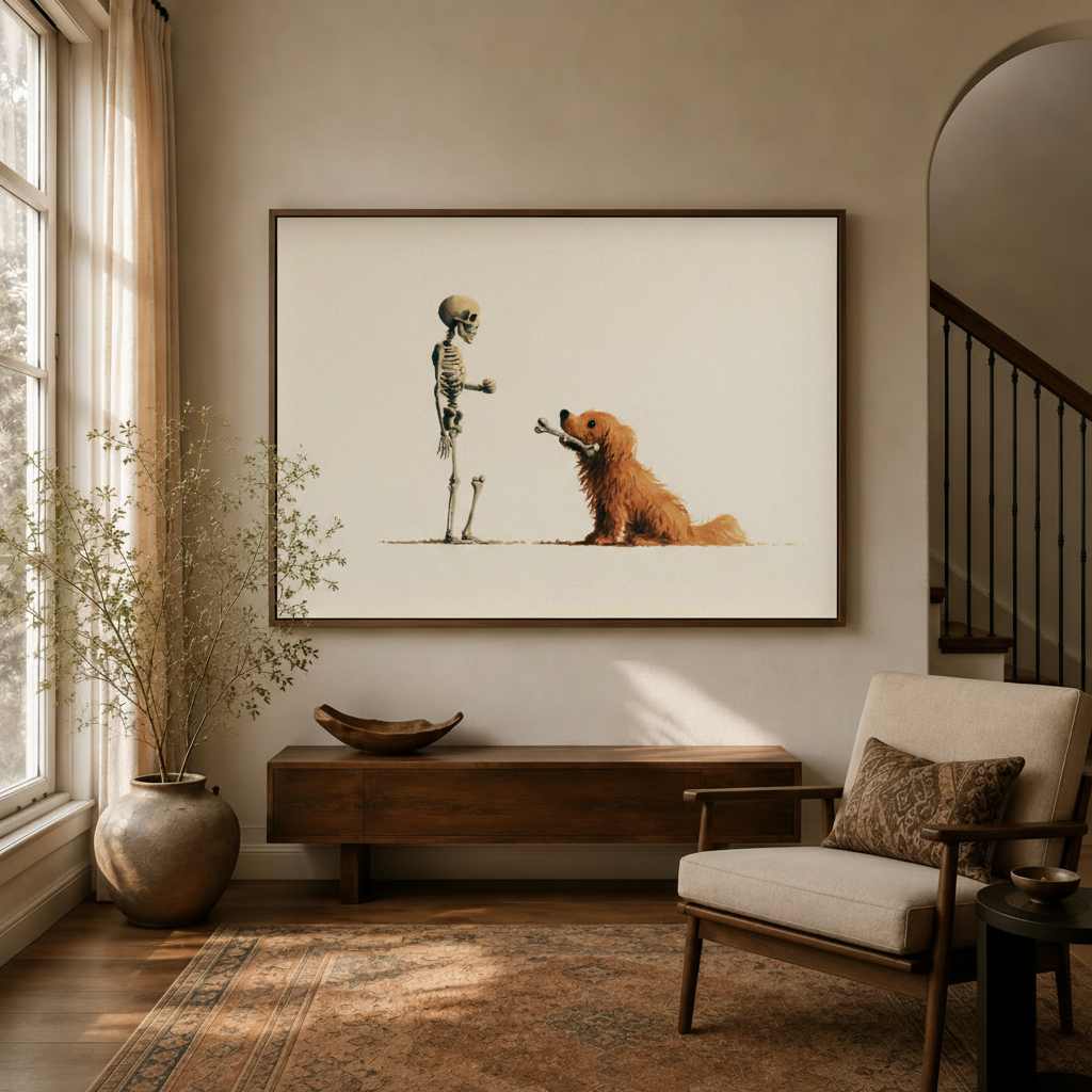 Skeleton and dog funny canvas wall art in dark walnut frame above console in bright modern entryway