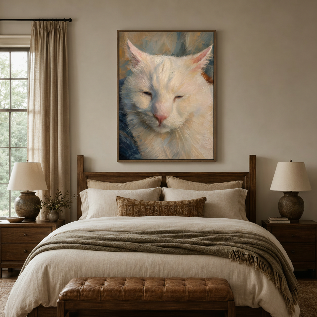 White cat portrait impressionist canvas wall art displayed above bed in warm neutral bedroom