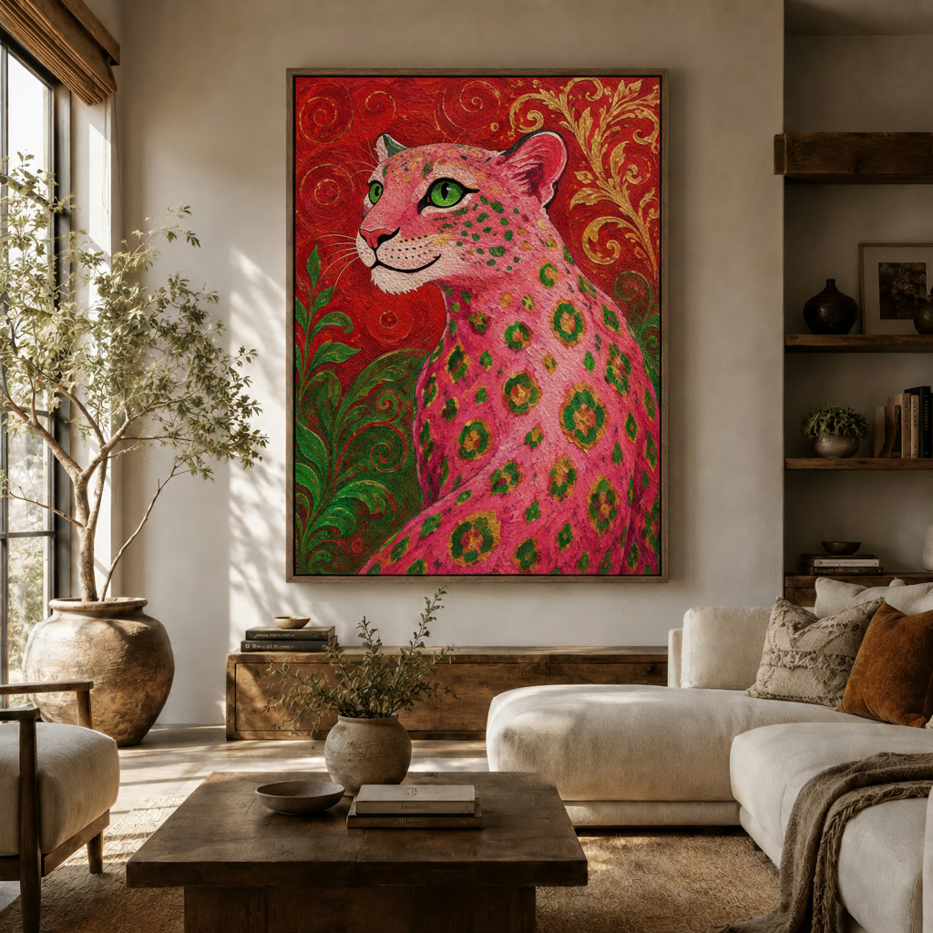 Pink leopard maximalist impasto canvas art in dark walnut frame above console in warm Japandi living room