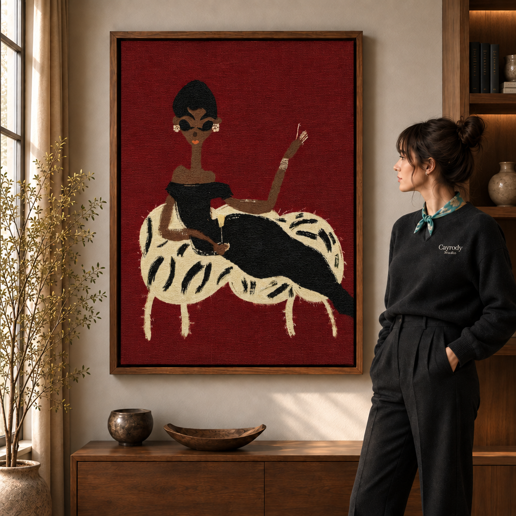 Contemporary portrait canvas wall art displayed beside a tall window, wood console, and standing figure.