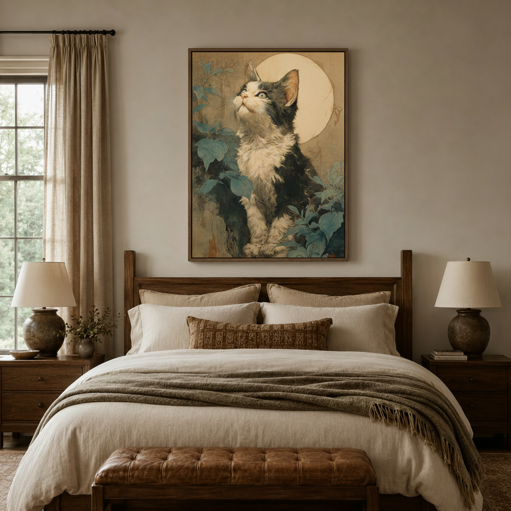 Kitten gazing moon botanical canvas wall art in dark frame displayed above bed in cozy bedroom