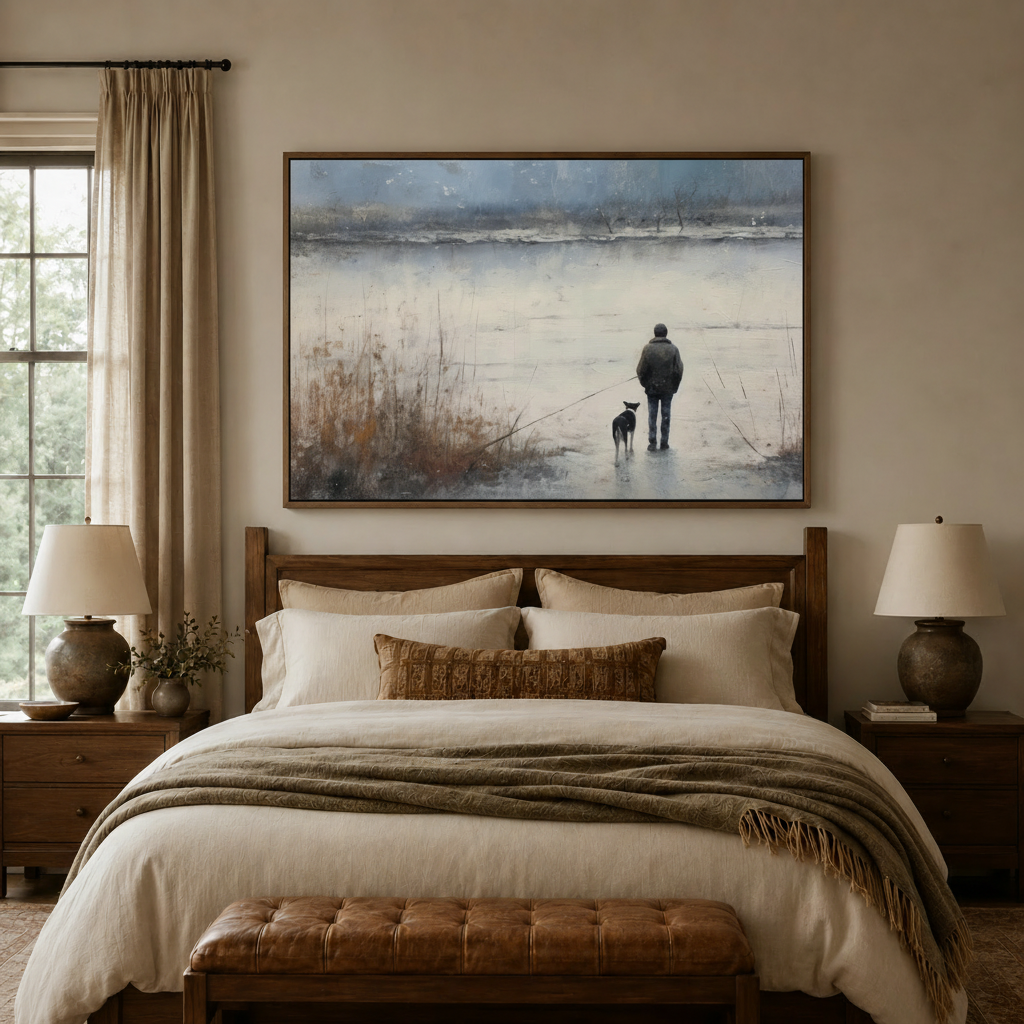 Man and dog canvas print above a wooden bed in a warm rustic bedroom with linen bedding