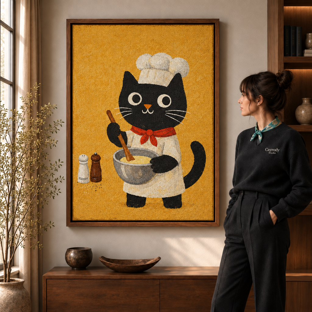 Framed black cat chef canvas displayed above a walnut console beside a woman.