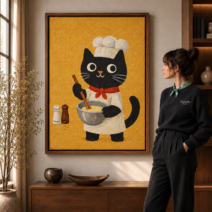 Framed black cat chef canvas displayed above a walnut console beside a woman.
