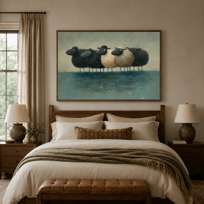 Surreal sheep wading teal water impasto canvas wall art displayed large above warm dark walnut bedroom headboard