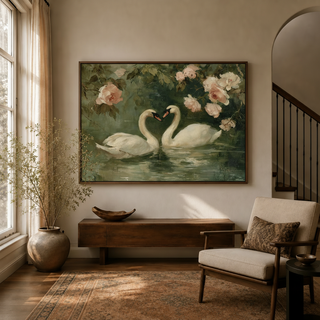 Romantic swans rose garden oil painting in dark walnut frame displayed in warm entryway with dried branch vase
