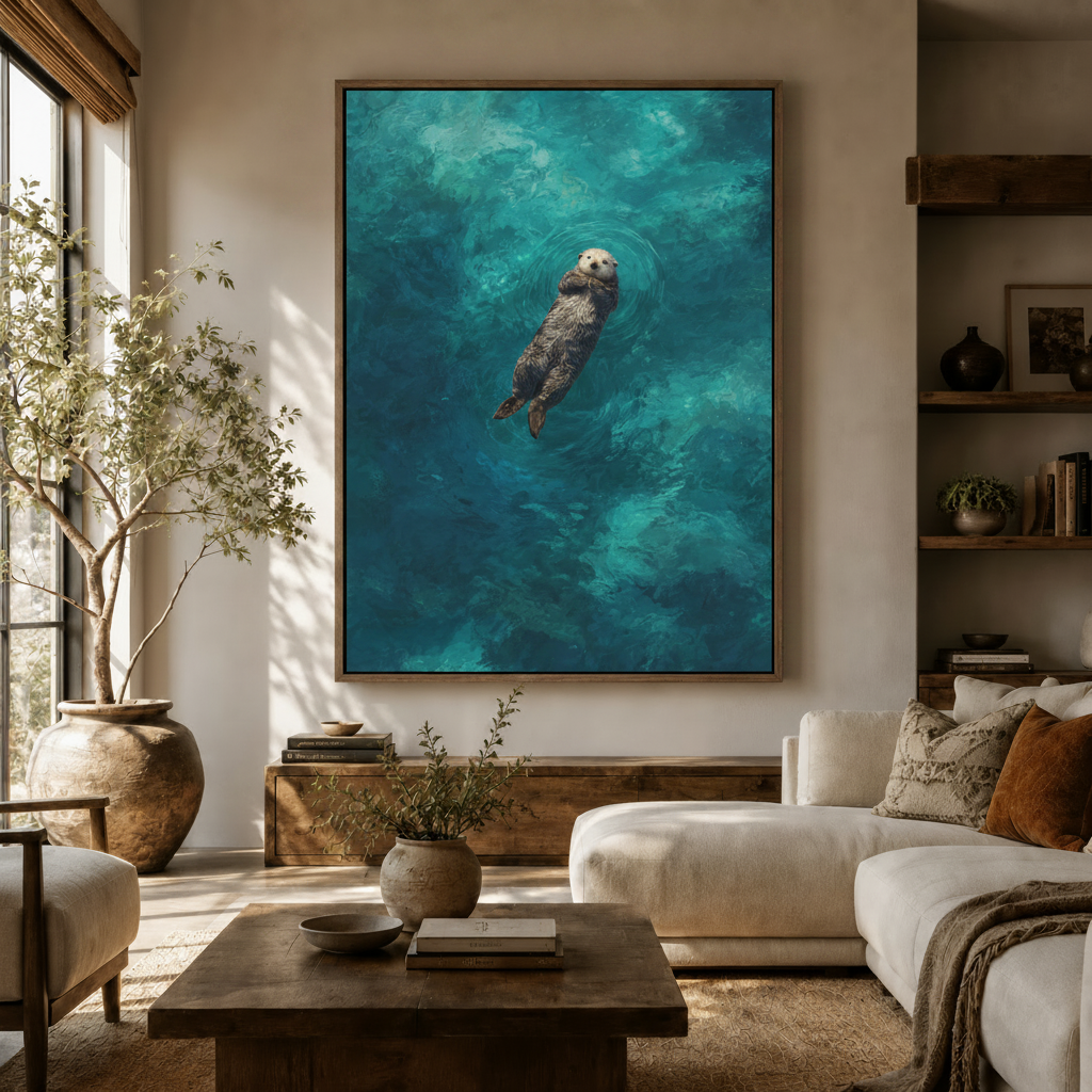 Sea otter floating oil painting canvas print hanging in warm Japandi living room above console