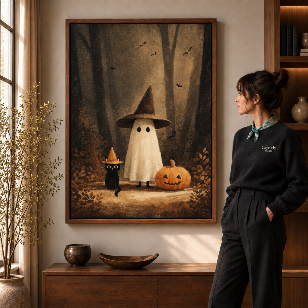 Framed Halloween ghost canvas displayed above a walnut console beside a woman in a warm interior.
