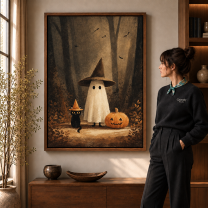 Framed Halloween ghost canvas displayed above a walnut console beside a woman in a warm interior.