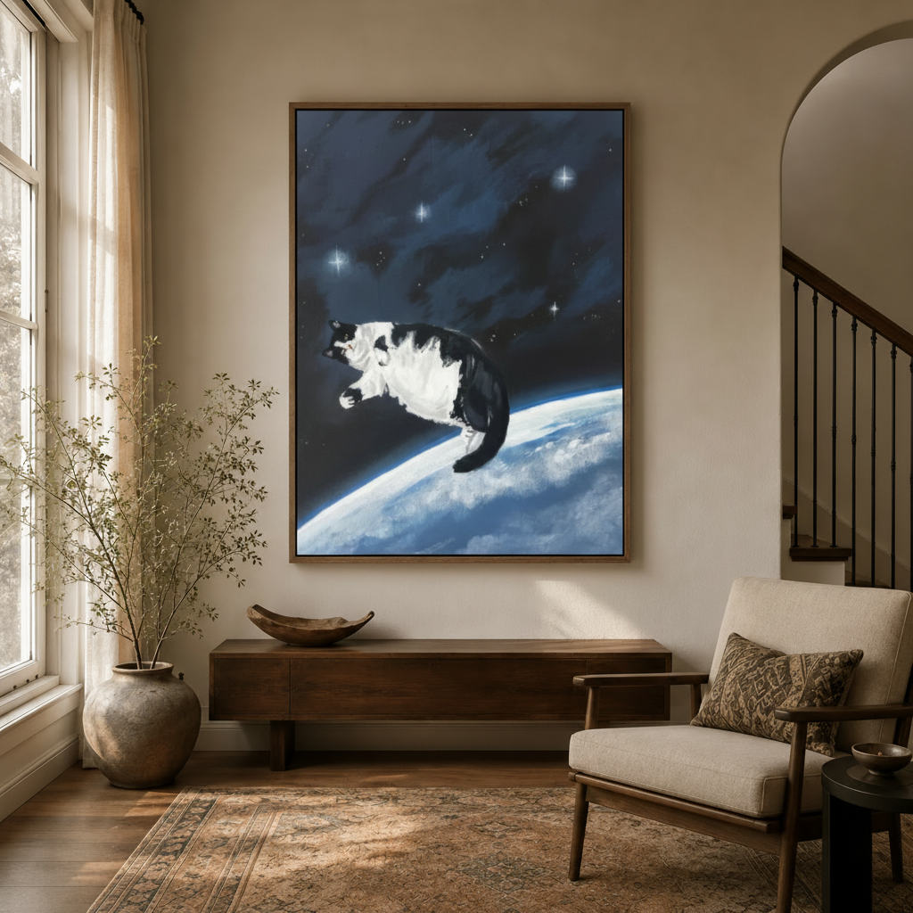 Large framed space cat canvas wall art hung above a console table in a warm neutral entryway with arched doorway