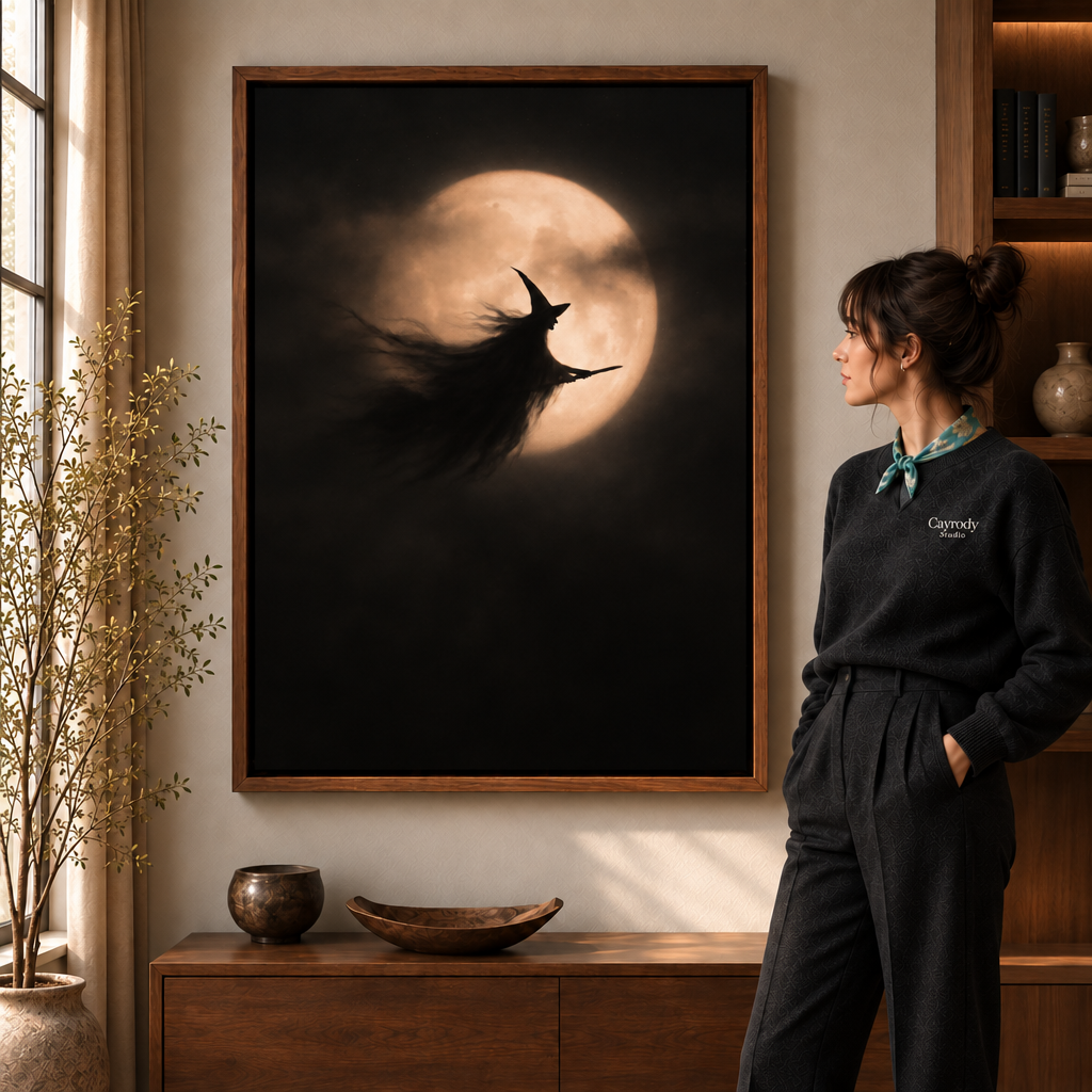 Framed flying witch and full moon canvas displayed above a walnut console beside a woman.