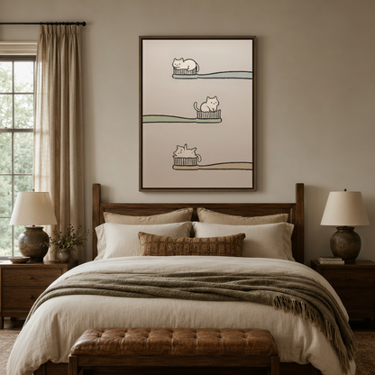 Minimalist cat line art canvas in dark walnut float frame above cozy bedroom bed, three cats on toothbrushes