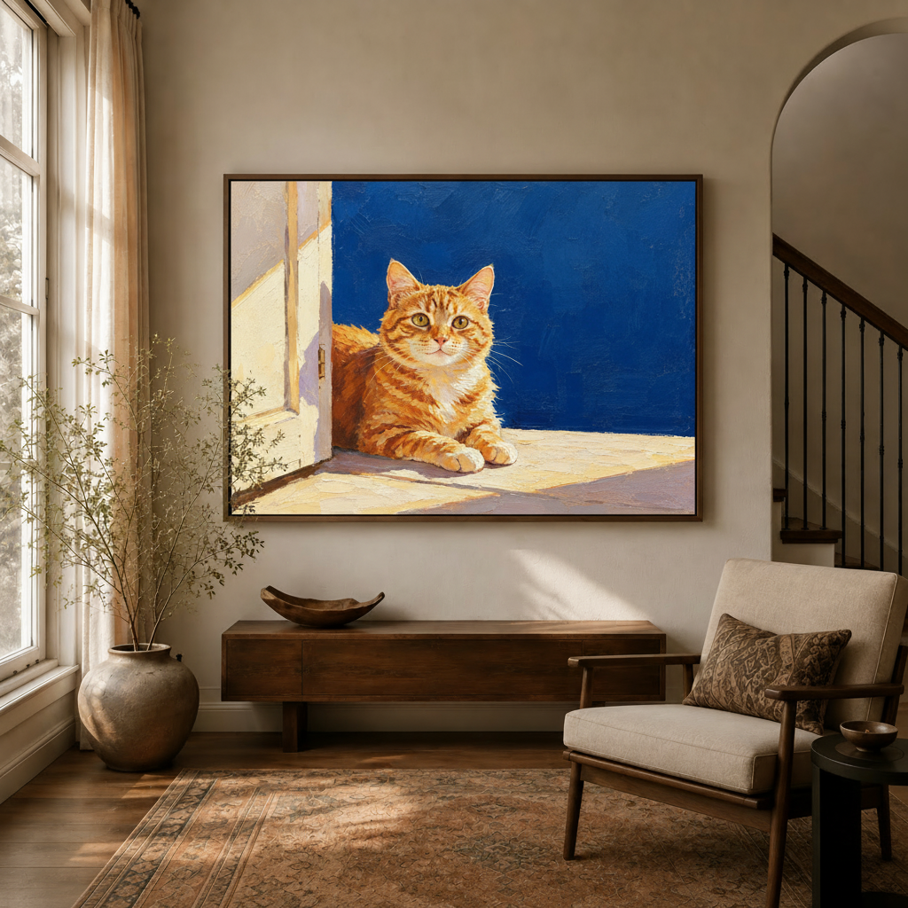 Sunlit orange cat oil painting displayed in a warm neutral living room