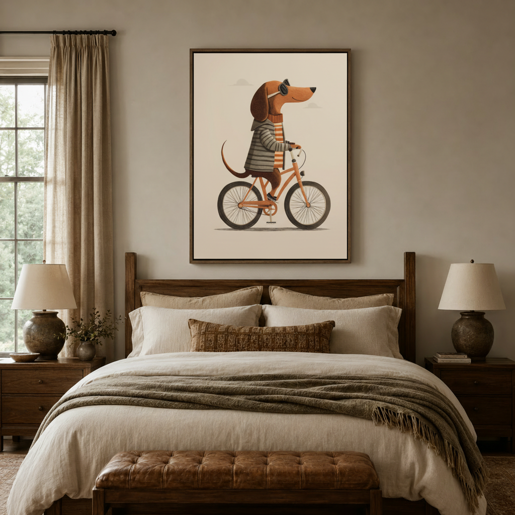 Stylish dachshund riding bicycle flat illustration canvas in dark walnut frame above cozy bedroom headboard