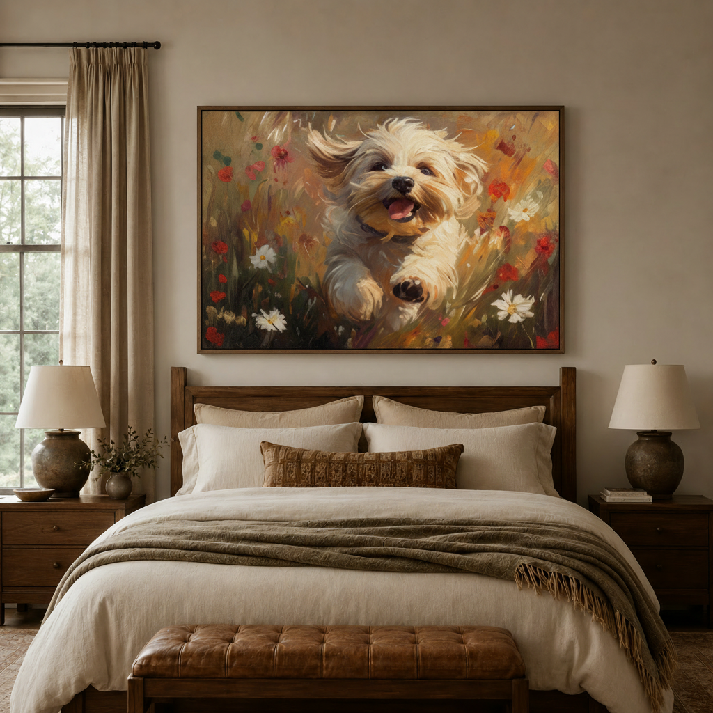 Classical egret creek landscape canvas wall art in walnut float frame above linen headboard bedroom