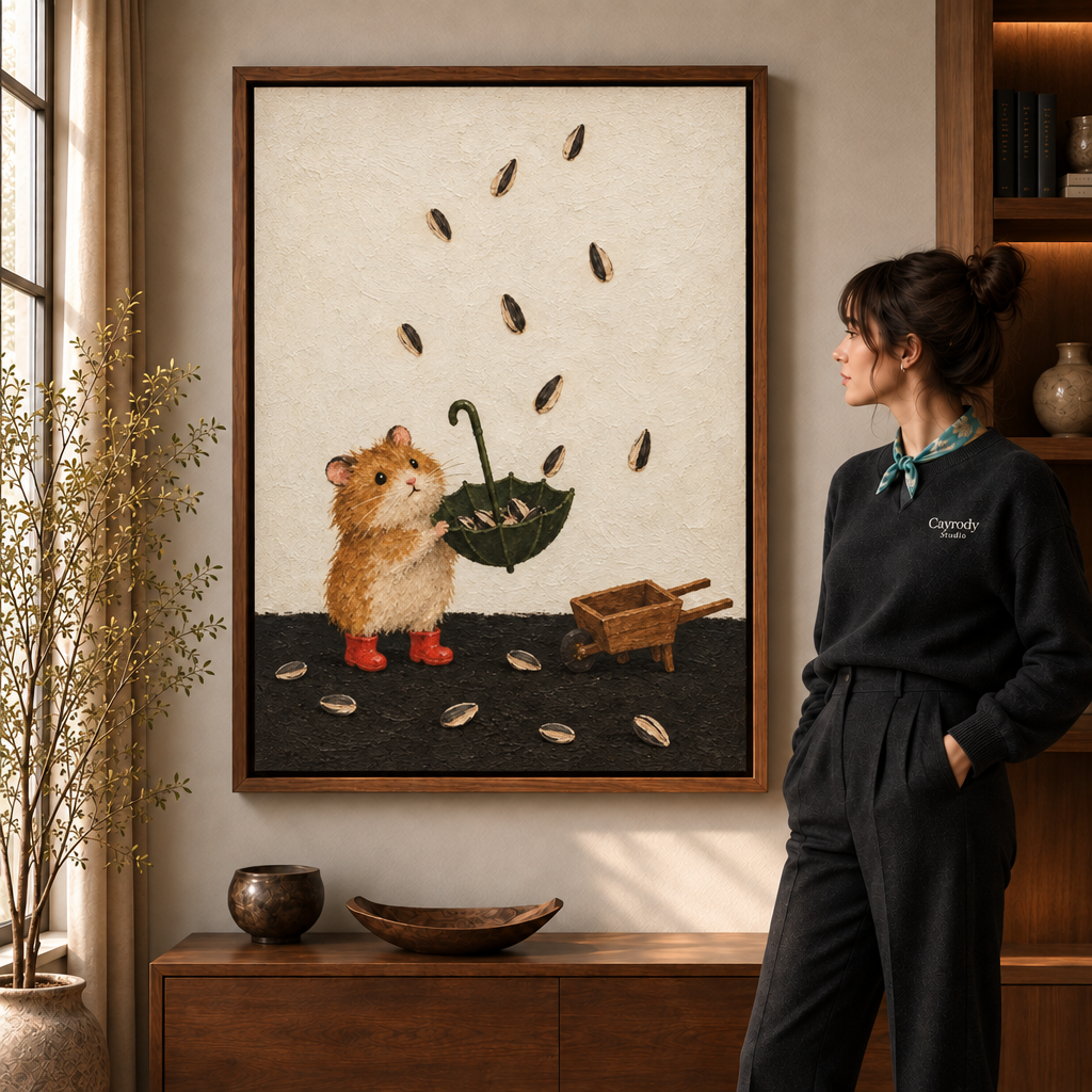 Mouse catching falling sunflower seeds in an umbrella, shown in a walnut frame beside a woman wearing a scarf.