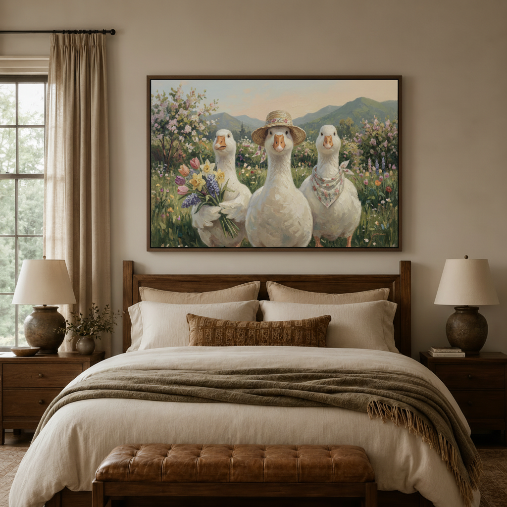 Three geese spring garden whimsical canvas wall art displayed above cozy neutral bedroom headboard