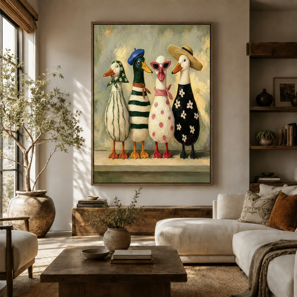 Whimsical fashionable ducks canvas wall art displayed in a warm neutral living room above a wooden credenza
