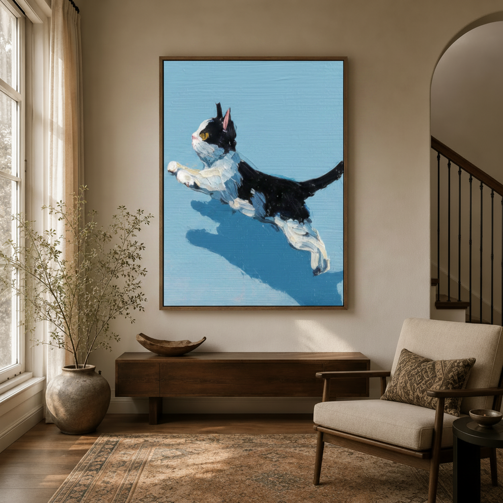 Tuxedo cat impasto canvas wall art in dark walnut floater frame above entryway console table