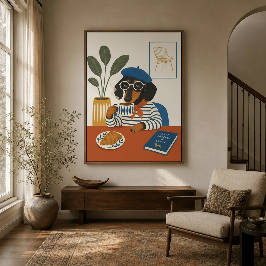 French dachshund café flat illustration canvas in walnut float frame hanging in warm neutral entryway with arched doorway