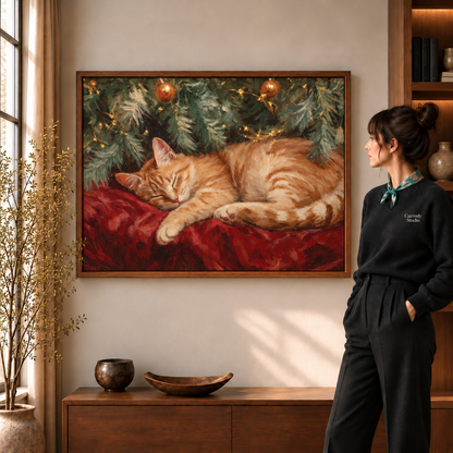 Sleeping orange cat Christmas canvas wall art in a walnut frame beside a woman wearing a scarf.