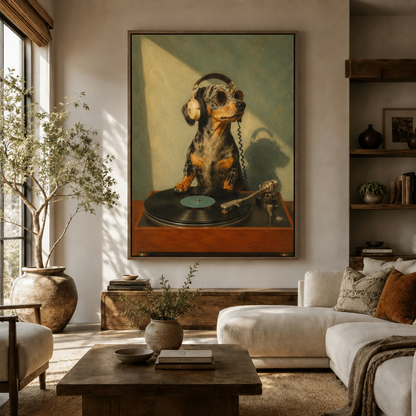 Dachshund DJ vinyl record oil painting canvas art displayed in bright modern living room