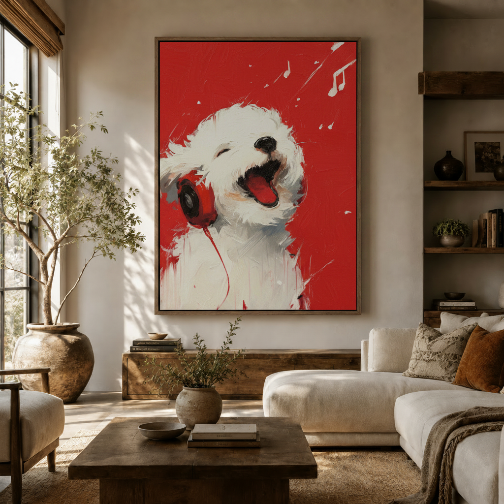 Funny singing dog canvas wall art with red headphones displayed above a wooden sideboard in a bright modern living room
