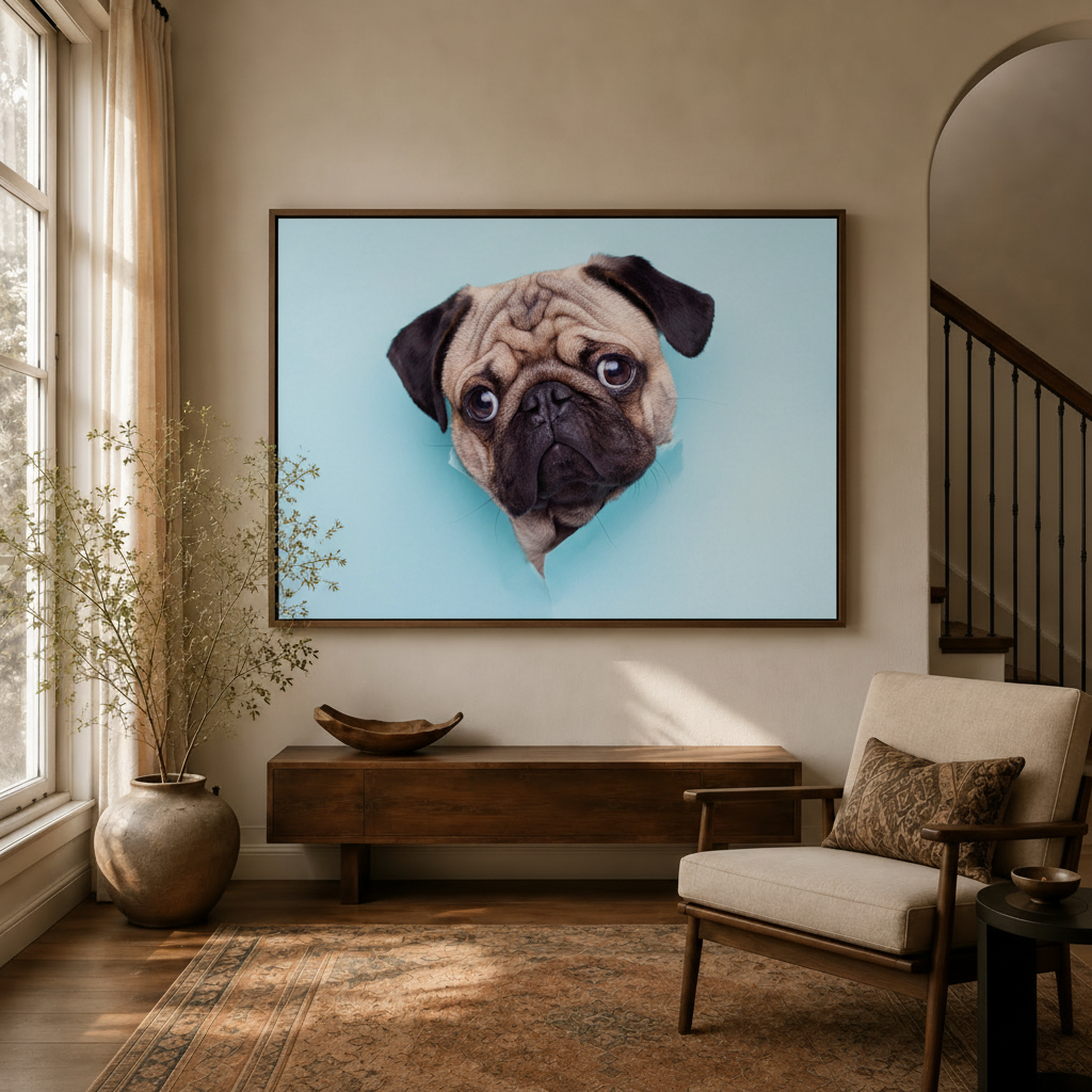 Funny pug dog canvas wall art displayed in a warm living room entryway above a wooden console