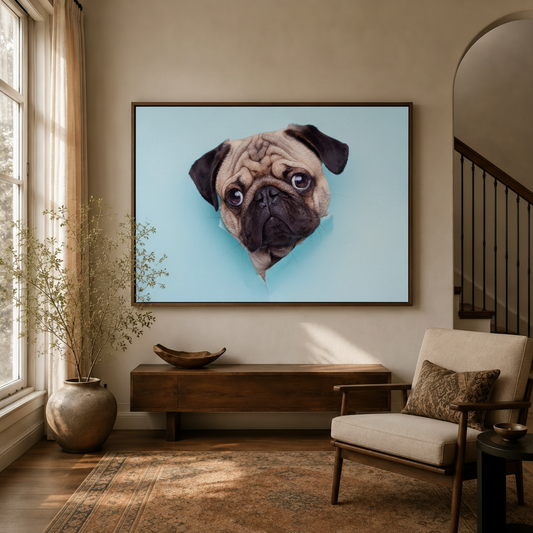 Funny pug dog canvas wall art displayed in a warm living room entryway above a wooden console