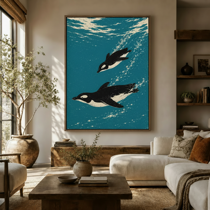 Swimming penguins linocut ocean wall art in walnut float frame displayed above wooden sideboard in warm living room