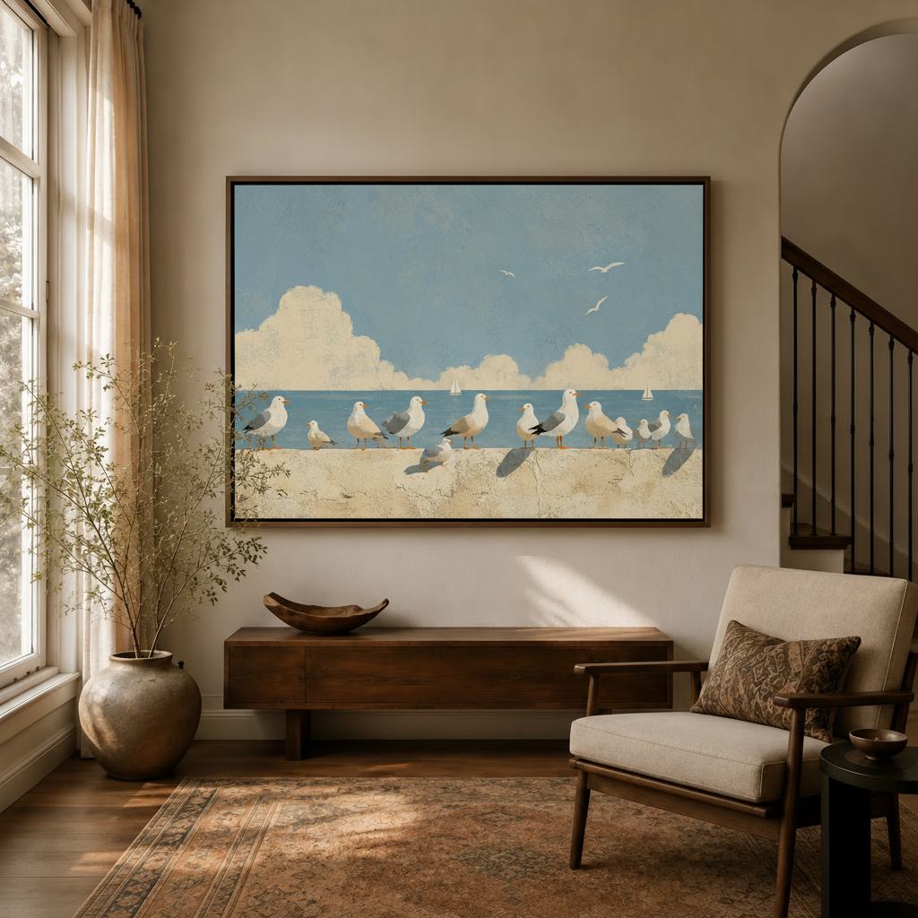 Coastal seagull minimalist canvas wall art displayed above console in warm neutral entryway