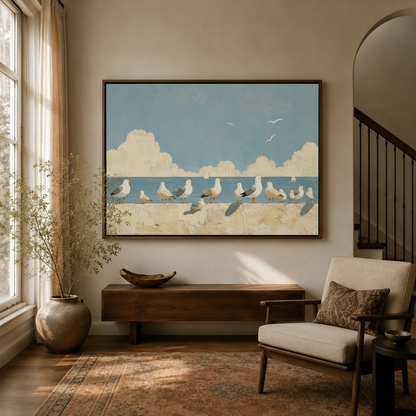 Coastal seagull minimalist canvas wall art displayed above console in warm neutral entryway