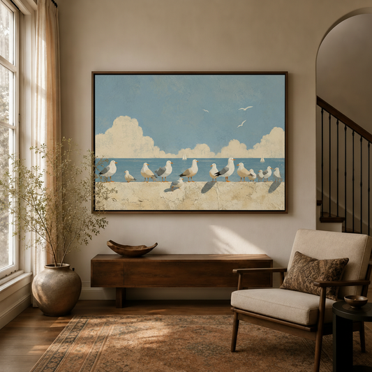 Coastal seagull minimalist canvas wall art displayed above console in warm neutral entryway