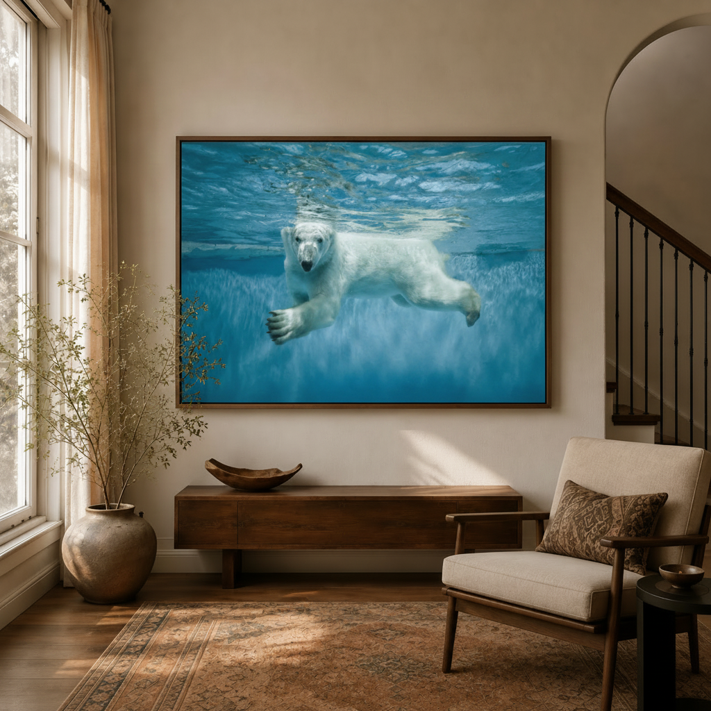 Polar bear underwater framed canvas wall art displayed in a warm entryway with walnut console and natural decor