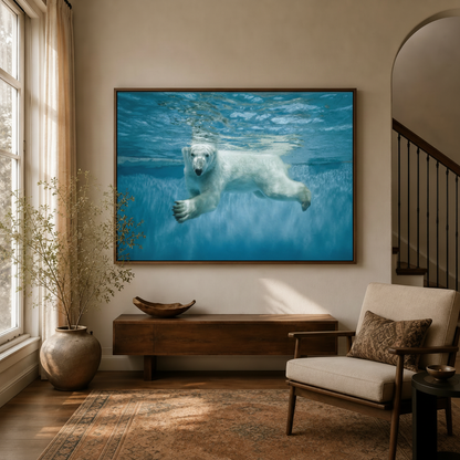 Polar bear underwater framed canvas wall art displayed in a warm entryway with walnut console and natural decor