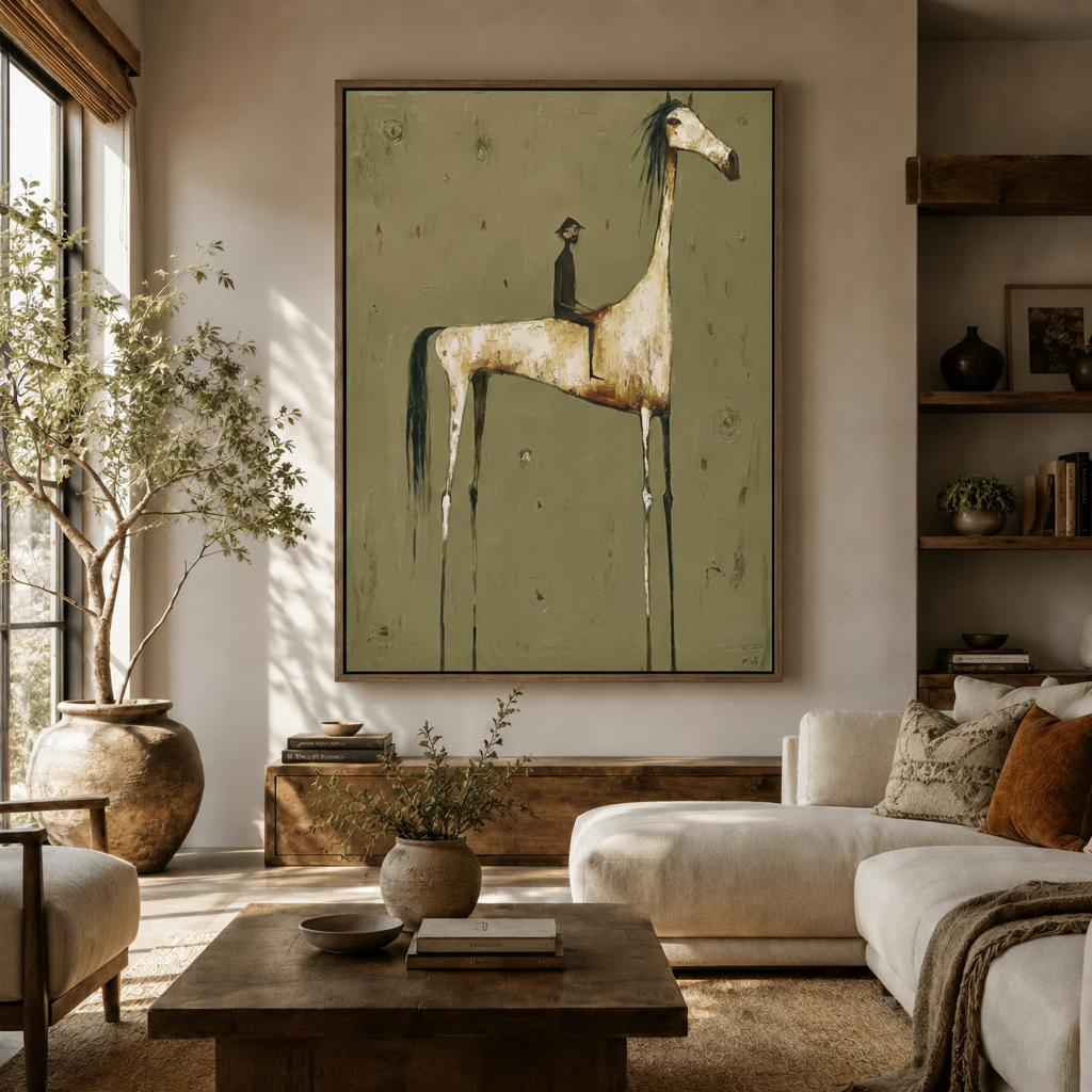 White horse and rider folk art canvas print displayed above a wooden sideboard in a modern living room