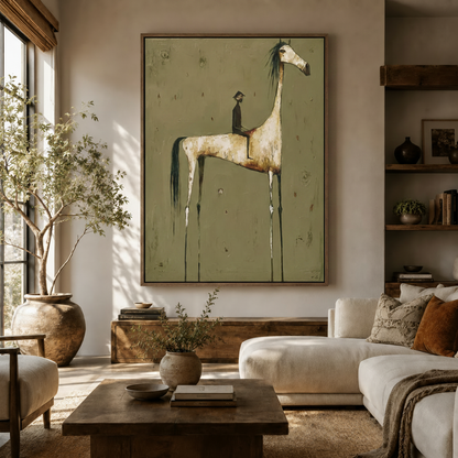 White horse and rider folk art canvas print displayed above a wooden sideboard in a modern living room