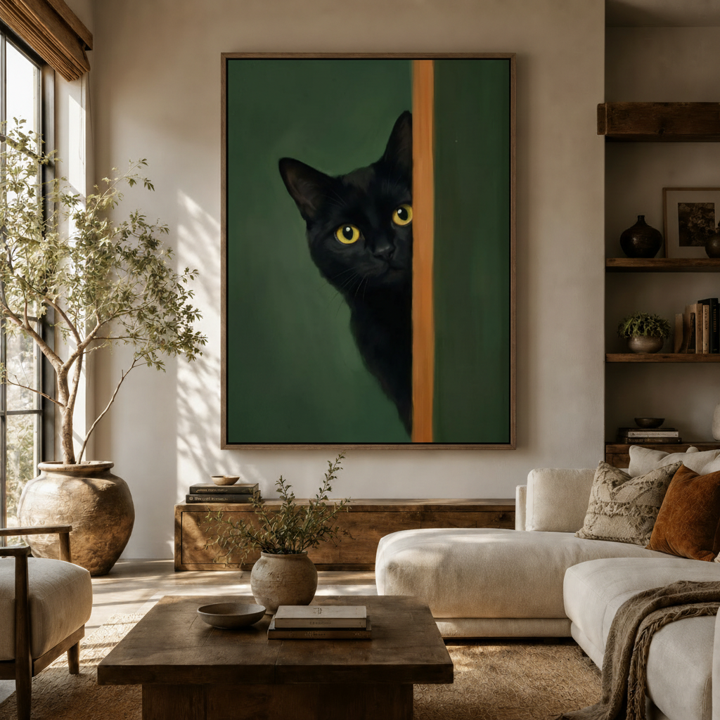 Peeking black cat oil painting canvas print above cream sofa in a warm modern living room