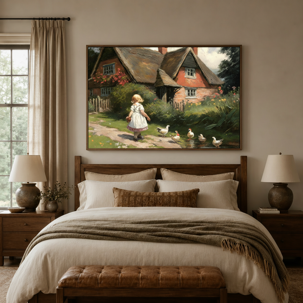 English cottage girl geese impressionist canvas wall art above walnut headboard in warm cream bedroom