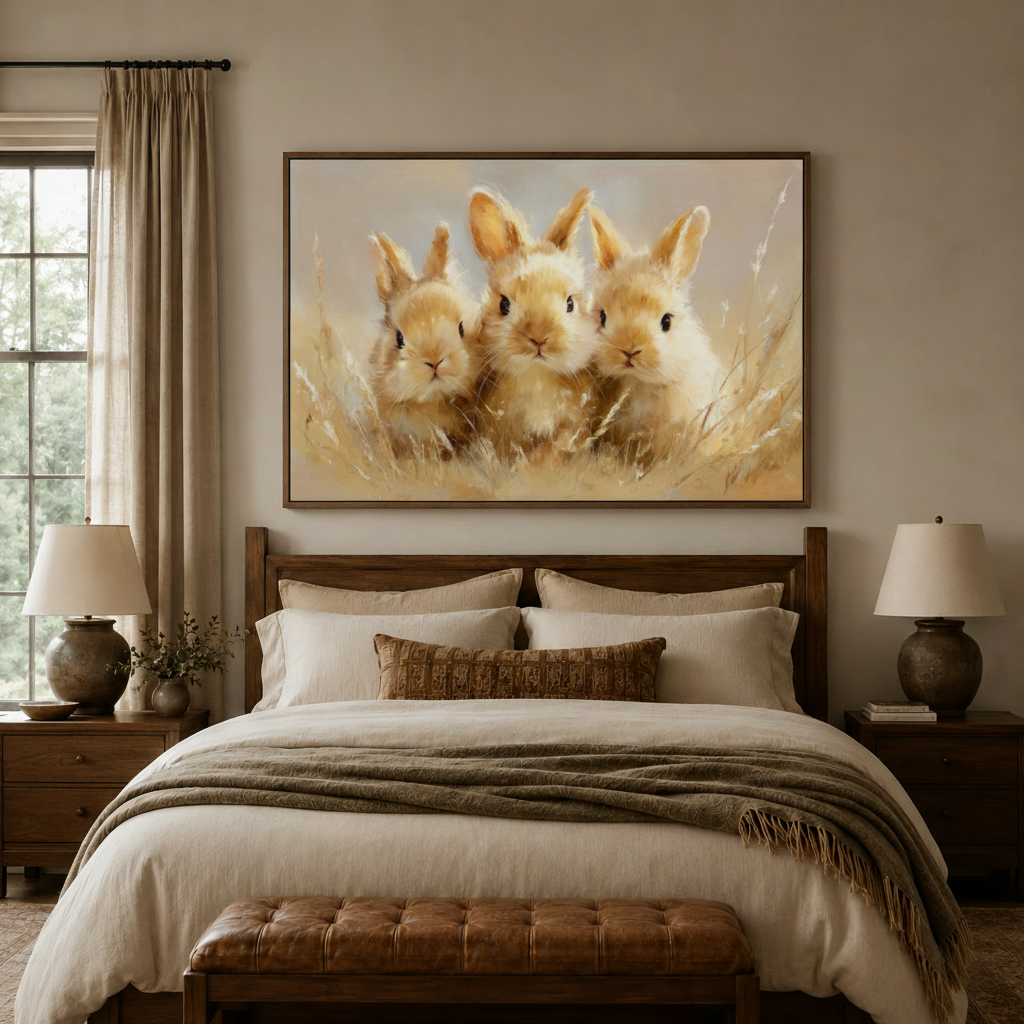 Three fluffy baby rabbits golden meadow realistic canvas wall art displayed above warm neutral bedroom headboard