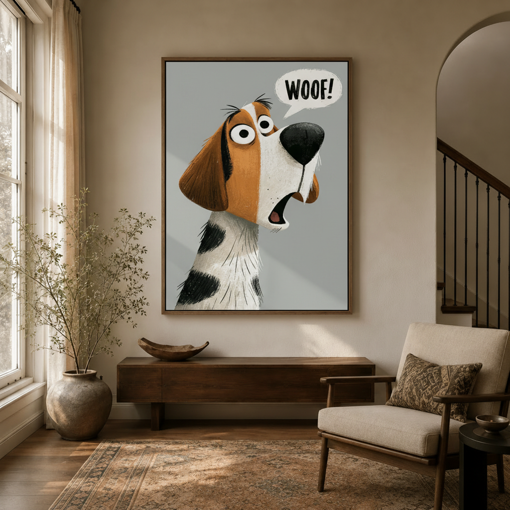 Funny cartoon beagle dog WOOF canvas wall art displayed in a warm neutral entryway above a wood console