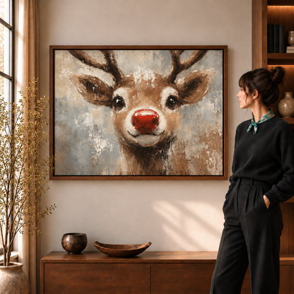 Red-nosed reindeer canvas wall art in a walnut frame beside a woman wearing a scarf.