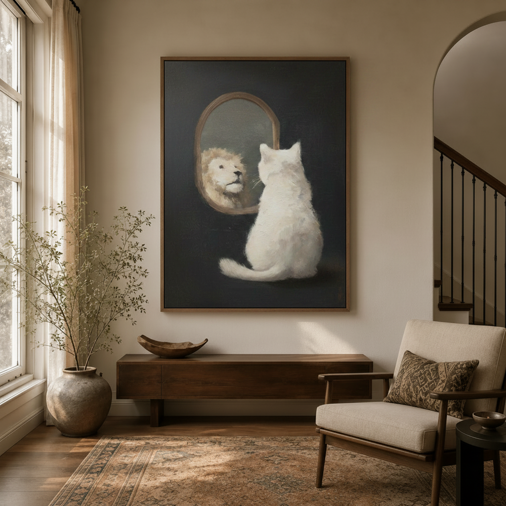 White cat lion mirror canvas wall art in walnut floater frame above entryway console table