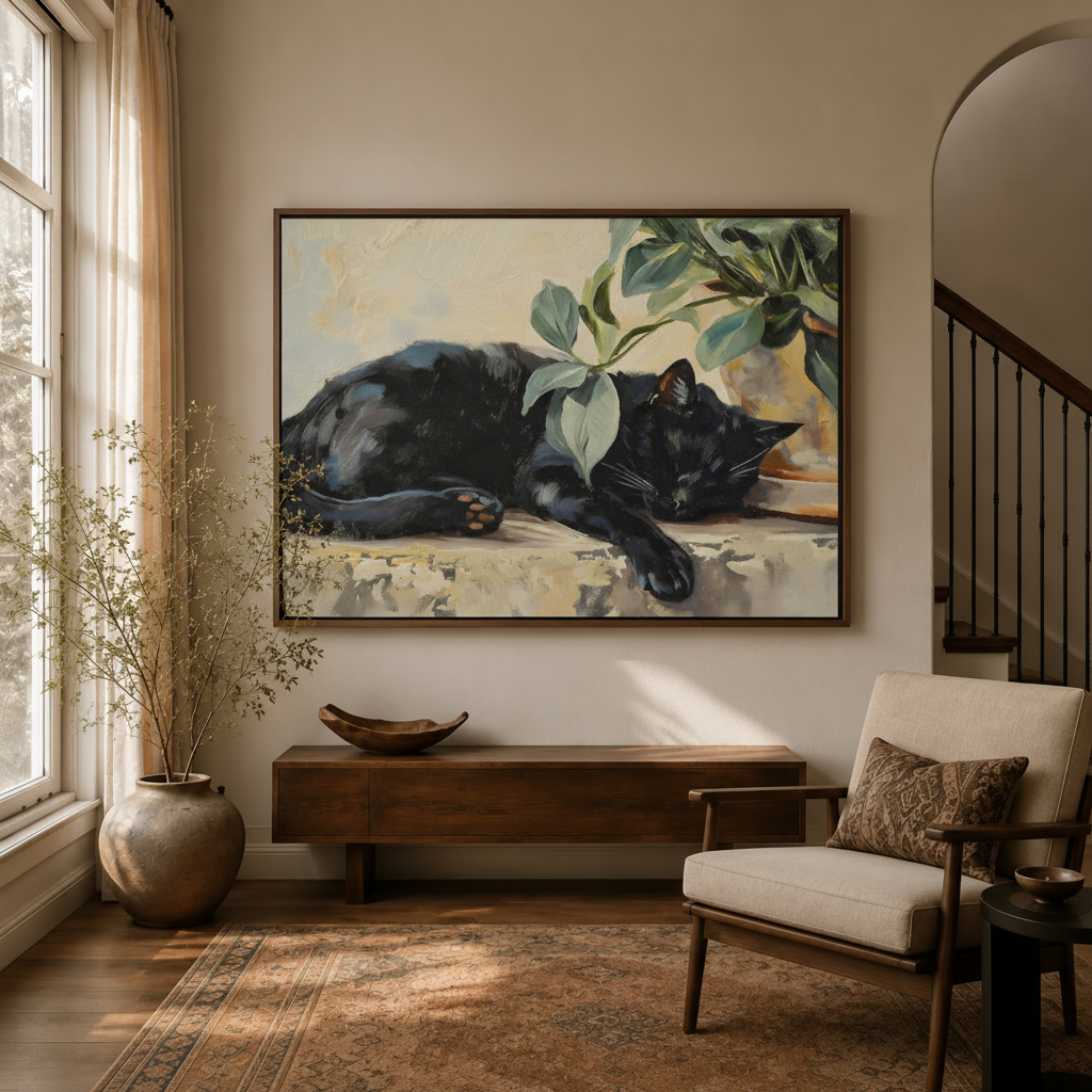 Impressionist black cat botanical oil painting in dark float frame, entryway wall decor