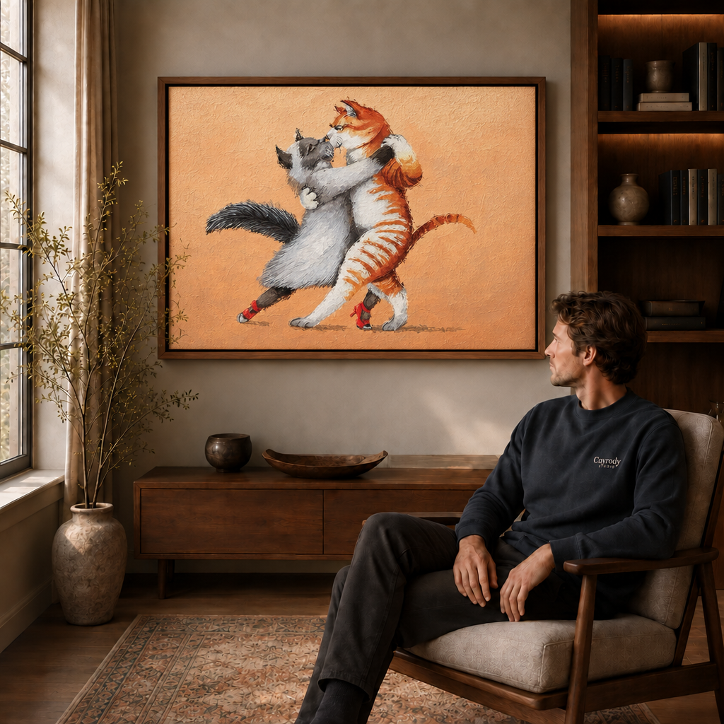 Dancing cats canvas wall art in a wood-framed room scene beside a window and dark cabinet.