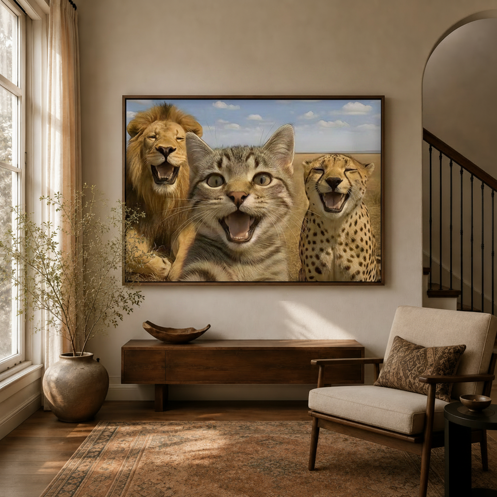 Funny cat lion cheetah humorous canvas wall art hung above console in warm living room entryway with staircase