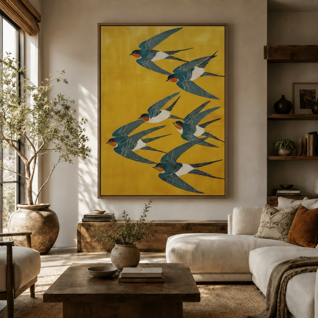Barn swallow canvas wall art displayed in a bright living room with warm neutral tones and natural wood furniture