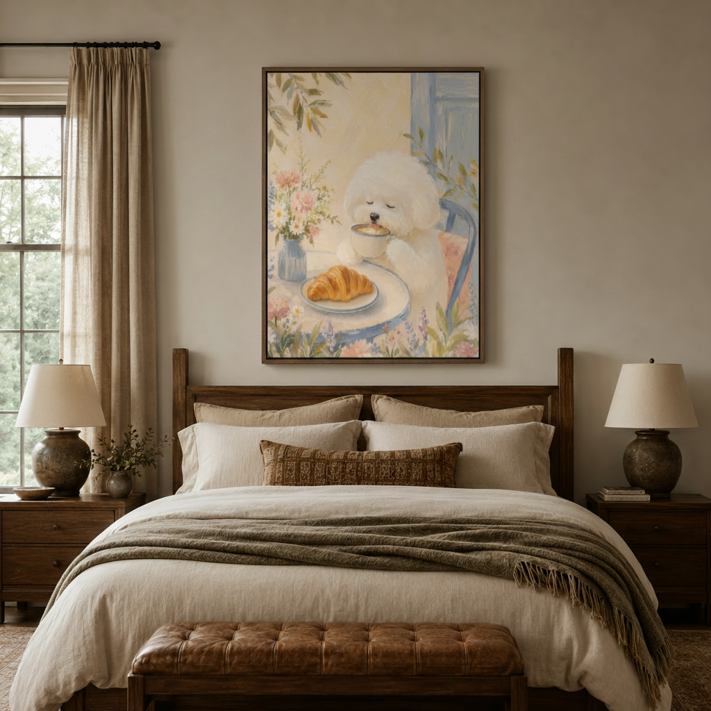 Bichon Frise French breakfast watercolor canvas wall art framed above walnut headboard in warm bedroom